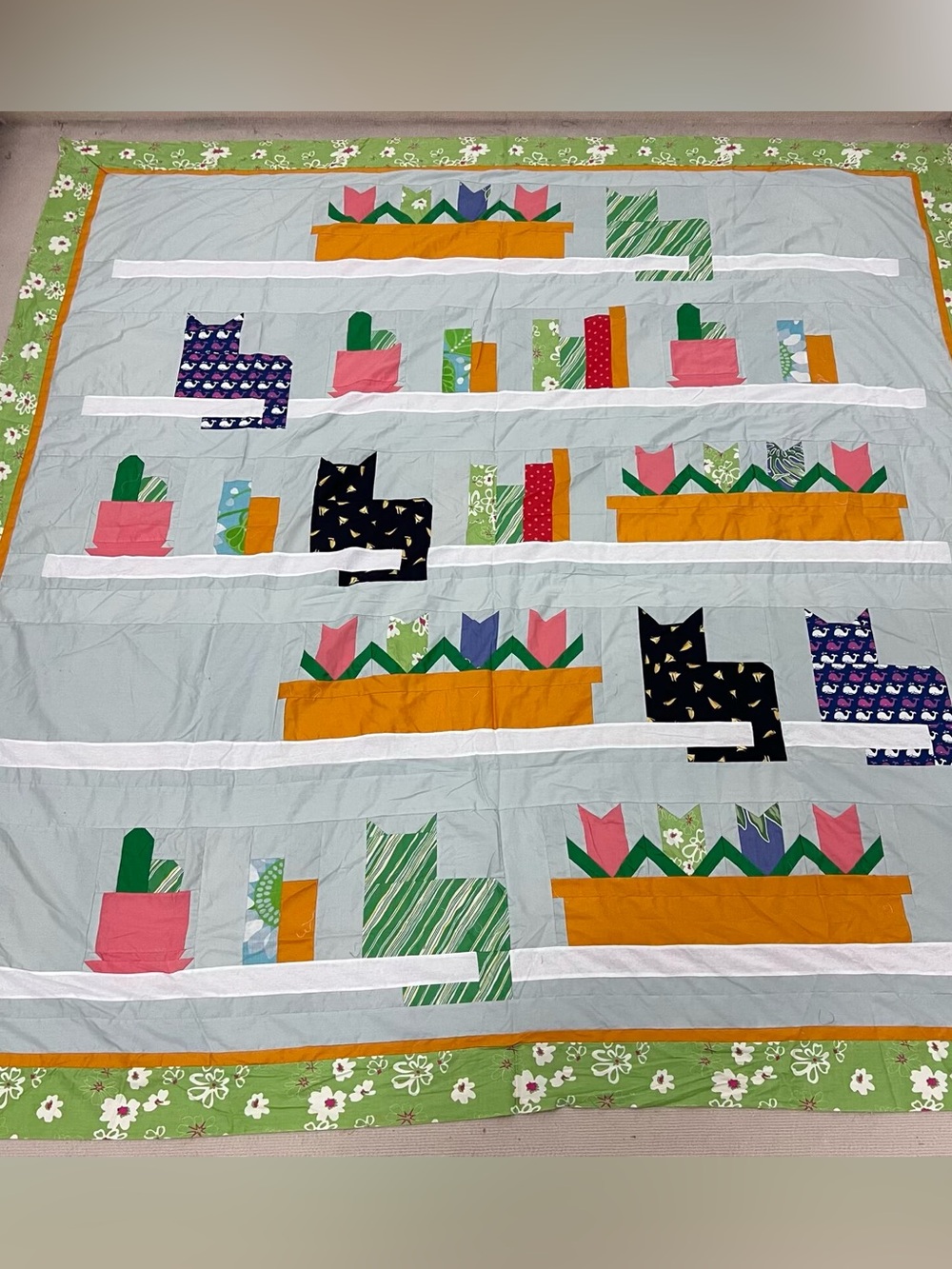 Knickknack & Kitty Cats Cotton Fabric Queen size Patchwork quilt top/topper